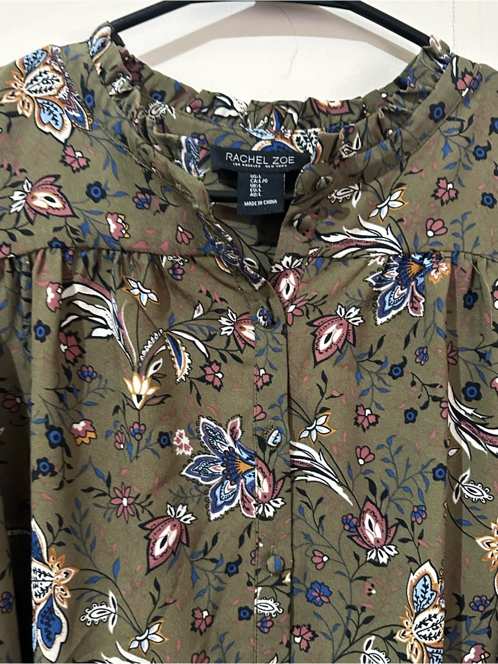 Rachel Zoe Large Olive Floral Boho Peasant Puff Sleeve Button-Front Blouse - Picture 3 of 6